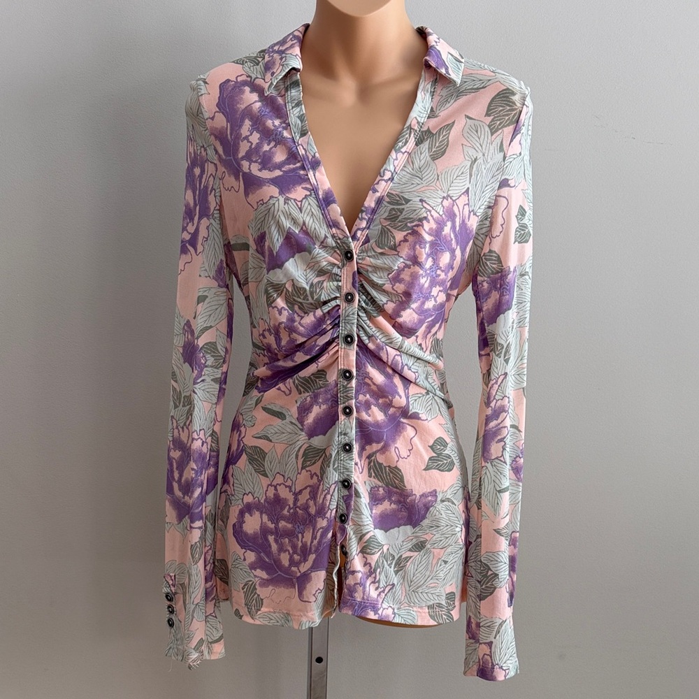 Free People Boho Floral Ruched Button-Down Top